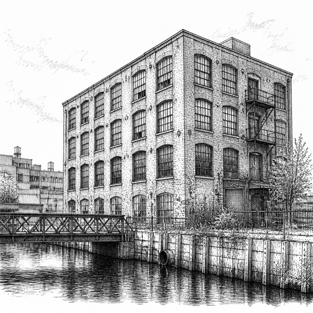 Ink sketch of a Gowanus canal-side warehouse