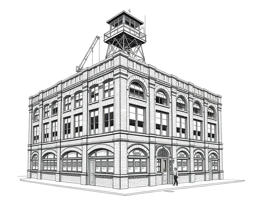 Ink sketch of a Williamsburg heavy-timber factory building